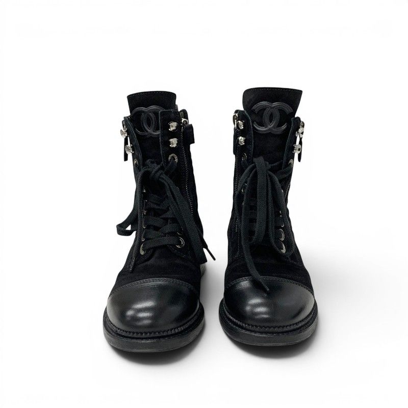 Chanel Boots Short Shoes Suede Leather Black CC Logo Quilted Lace Up — view 3