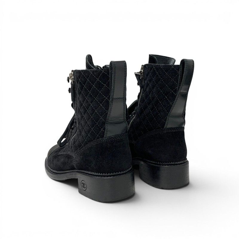 Chanel Boots Short Shoes Suede Leather Black CC Logo Quilted Lace Up — view 4