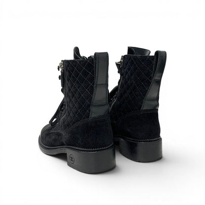 Chanel Boots Short Shoes Suede Leather Black CC Logo Quilted Lace Up — view 4