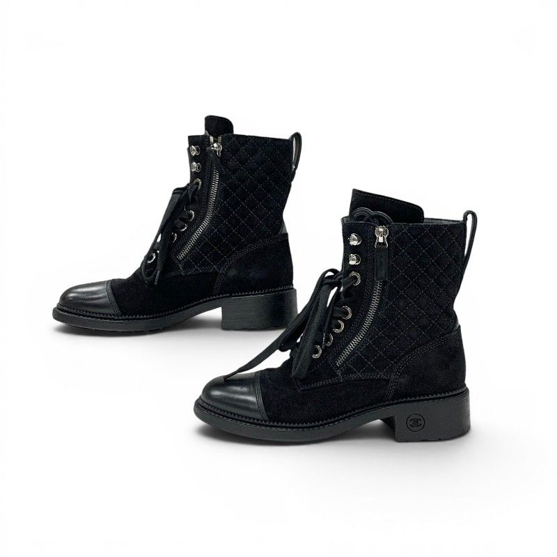 Chanel Boots Short Shoes Suede Leather Black CC Logo Quilted Lace Up — view 2