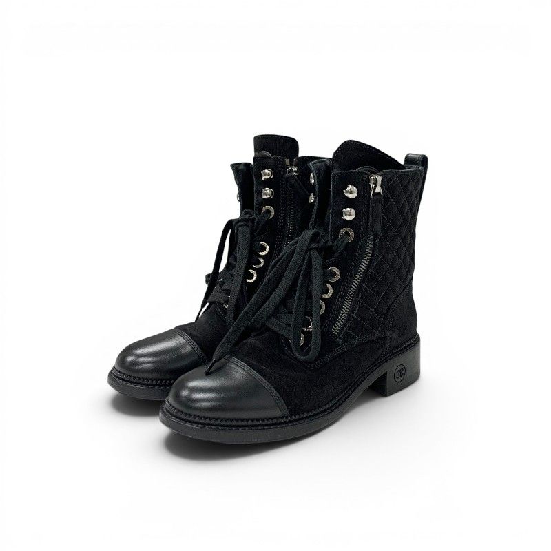 Chanel Boots Short Shoes Suede Leather Black CC Logo Quilted Lace Up