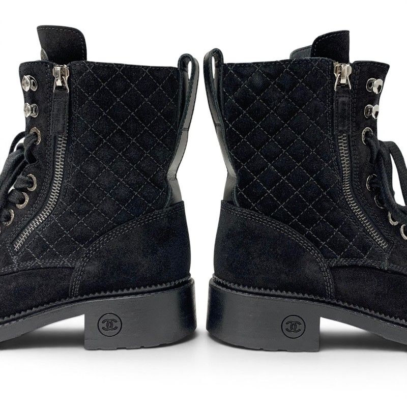Chanel Boots Short Shoes Suede Leather Black CC Logo Quilted Lace Up — view 9