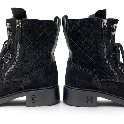 Chanel Boots Short Shoes Suede Leather Black CC Logo Quilted Lace Up — view 9