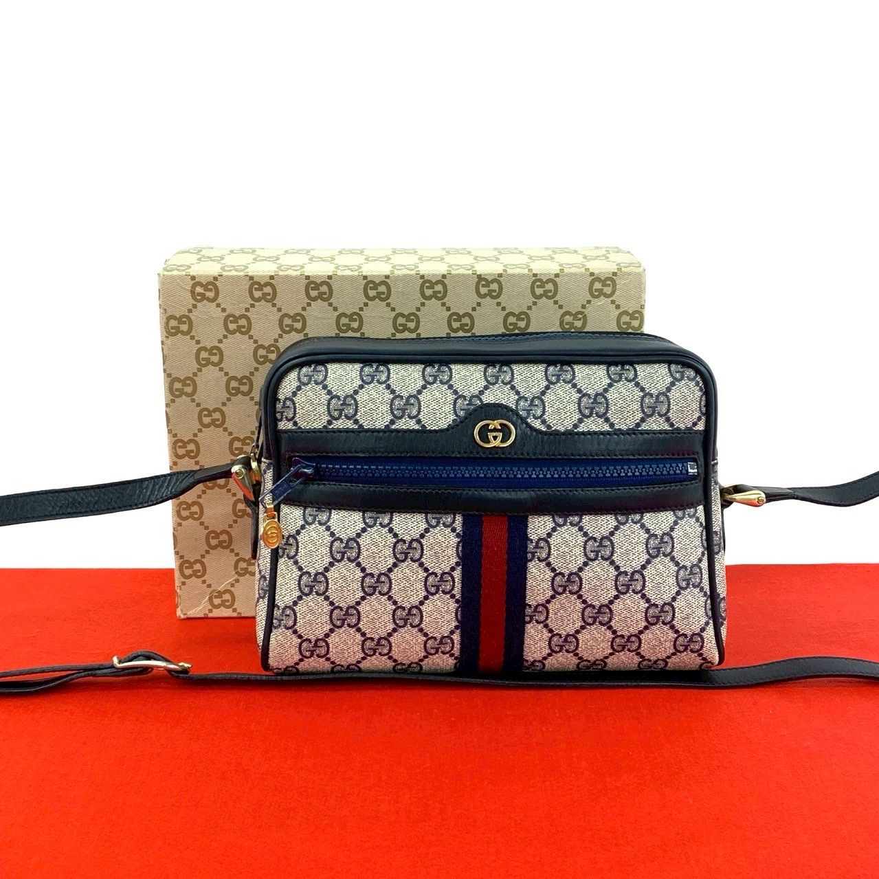Gucci Vintage GG Logo Sherry Line Leather Shoulder Bag Navy