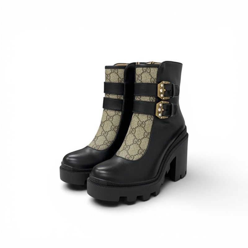 Gucci Boots Short Shoes Leather Black Brown GG Supreme Belt Logo Ankle