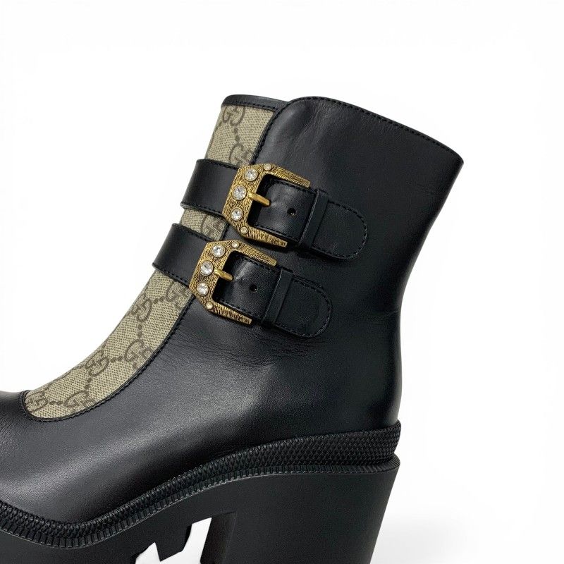 Gucci Boots Short Shoes Leather Black Brown GG Supreme Belt Logo Ankle — view 9