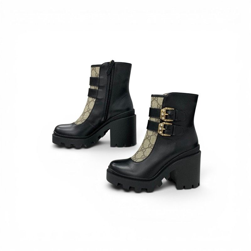 Gucci Boots Short Shoes Leather Black Brown GG Supreme Belt Logo Ankle — view 3