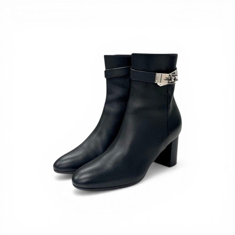 Hermes Saint Germain Boots Short Shoes Leather Black Silver Kelly