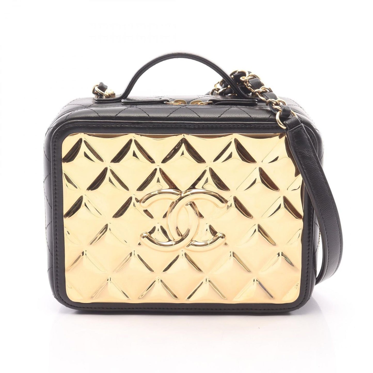 Chanel Shoulder Bag Quilted Vanity 2-Way Black Gold Lambskin Chain
