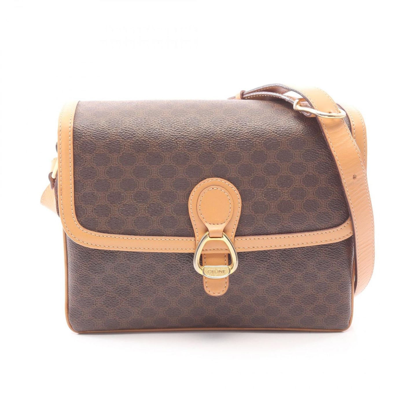 Celine Shoulder Bag Macadam Dark Brown Canvas Leather