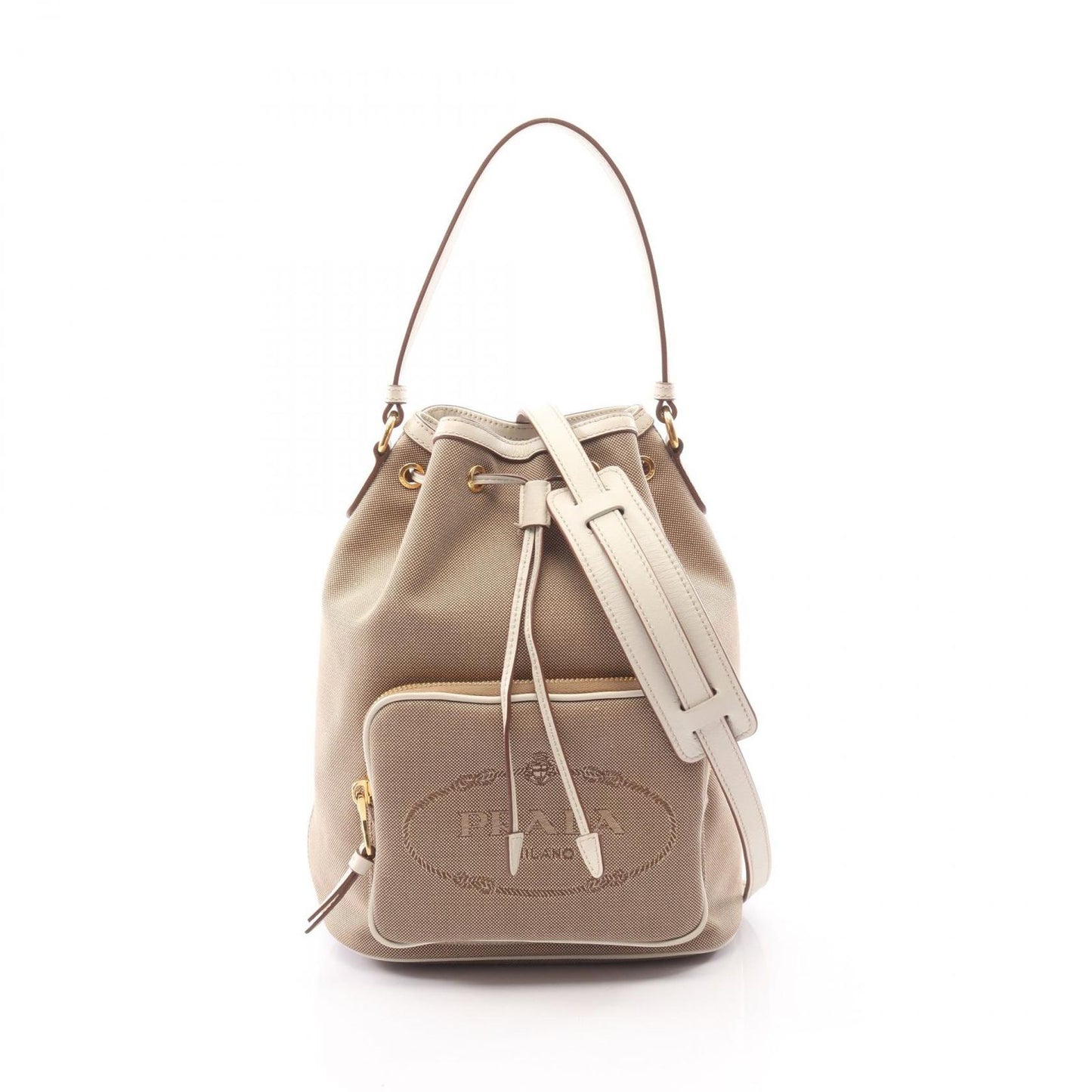 Prada Lada Handbag Logo Jacquard 2-Way Beige White Canvas Leather