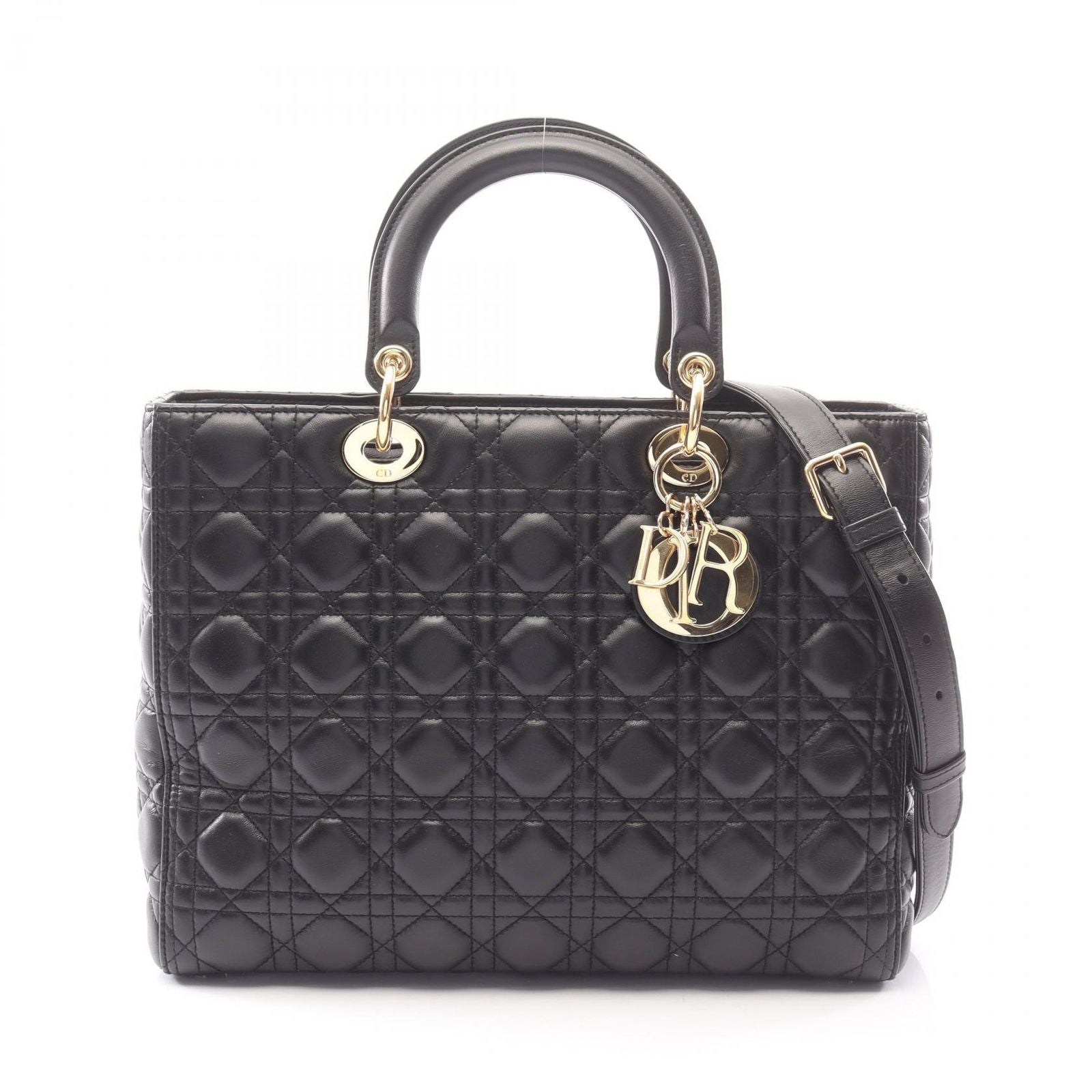 Dior Dio Handbag Ladydio Cannage 2-Way Black Leather Tote