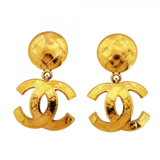 Chanel Earrings Vintage CC Logo Quilted Gold Plated