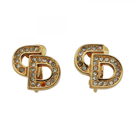Dior Earrings CD Logo Gold Plated Rhinestone