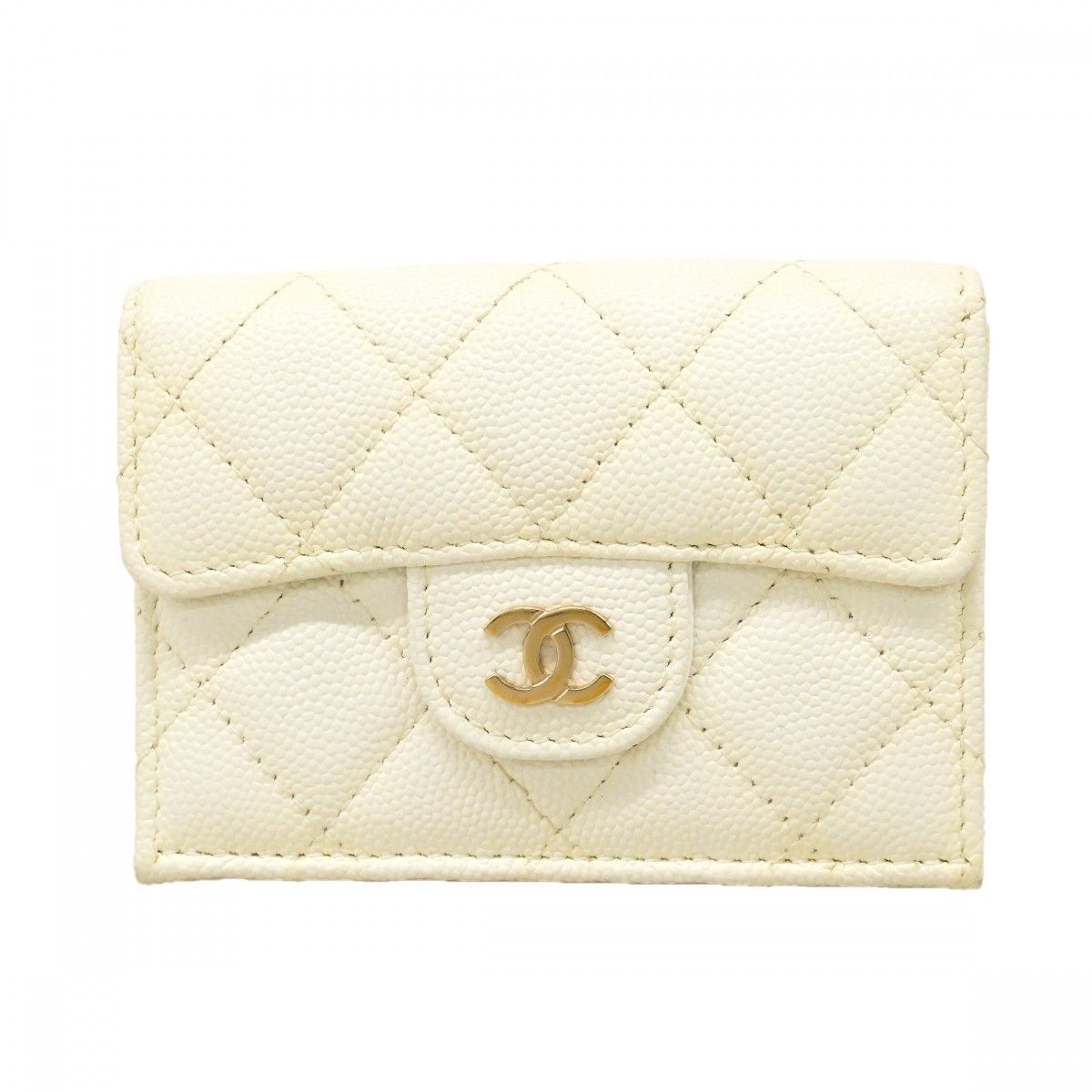 Chanel Trifold Wallet Quilted Caviar Leather White Champagne Gold