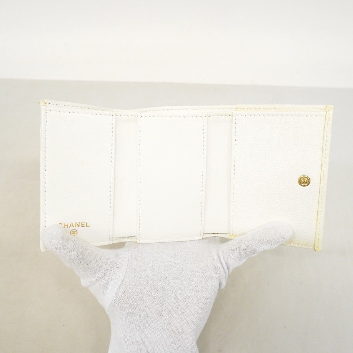 Chanel Trifold Wallet Quilted Caviar Leather White Champagne Gold — view 3