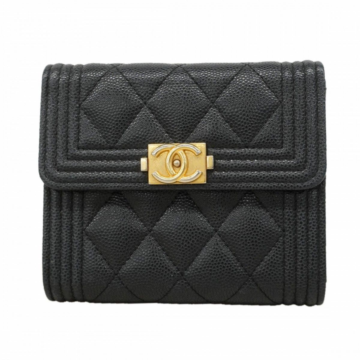Chanel Wallet Caviar Leather Black Gold