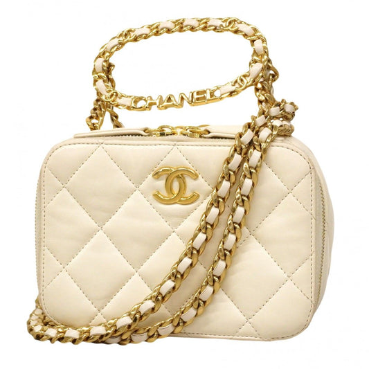 Chanel Handbag Quilted Lambskin White Gold 2-Way Bag
