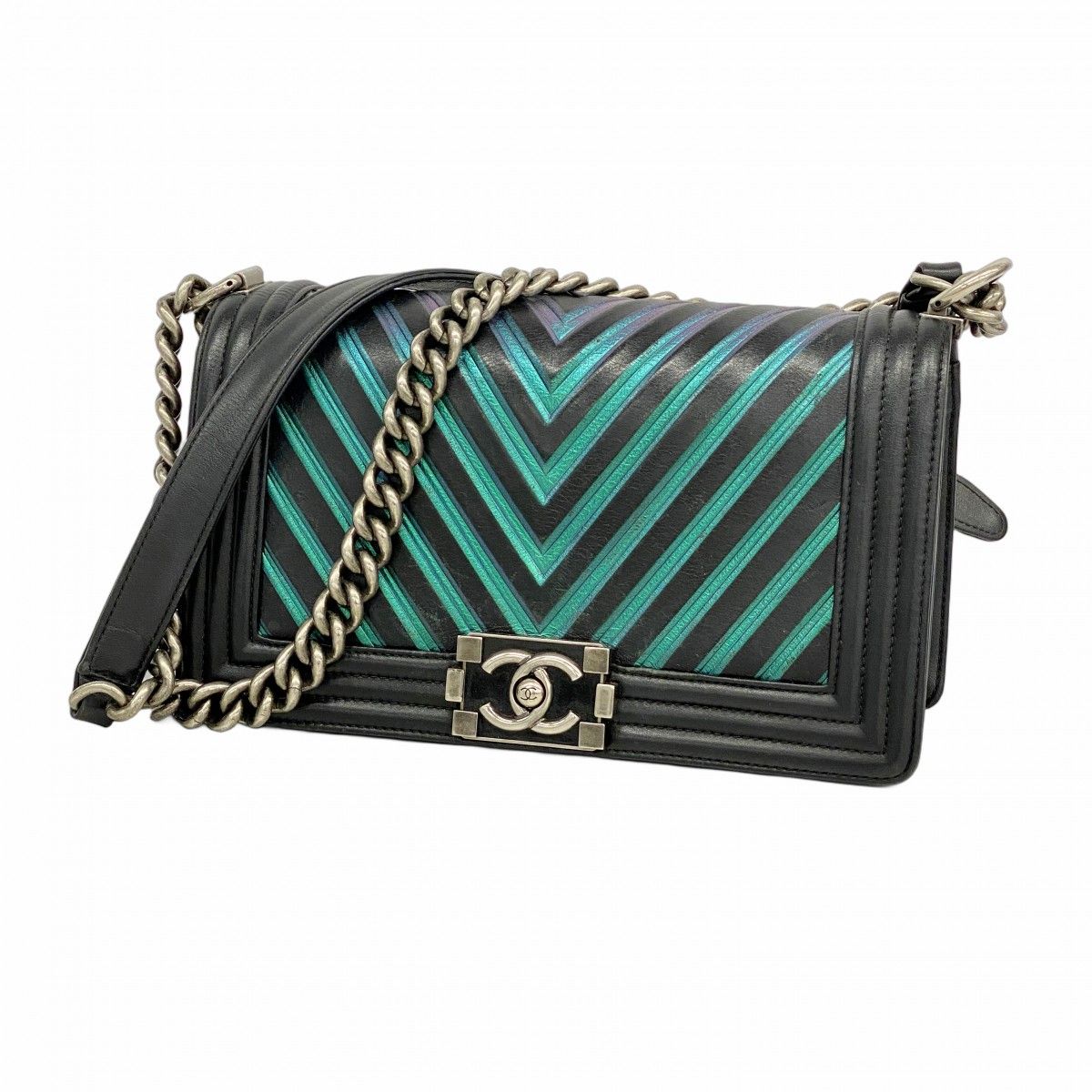 Chanel Shoulder Bag Lambskin Black Green Silver