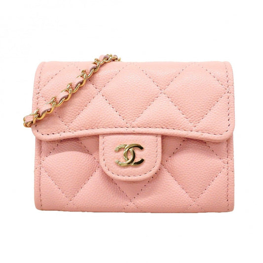 Chanel Shoulder Wallet Quilted Caviar Leather Pink Champagne Gold