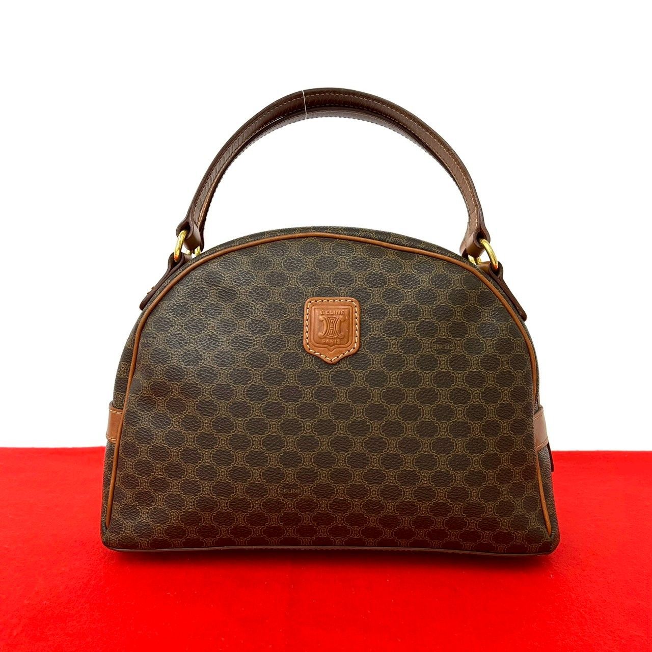 Celine Vintage Macadam Blason Triomphe Pattern Leather Mini Boston Bag Brown