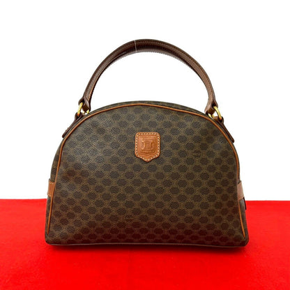 Celine Vintage Macadam Blason Triomphe Pattern Leather Mini Boston Bag Brown