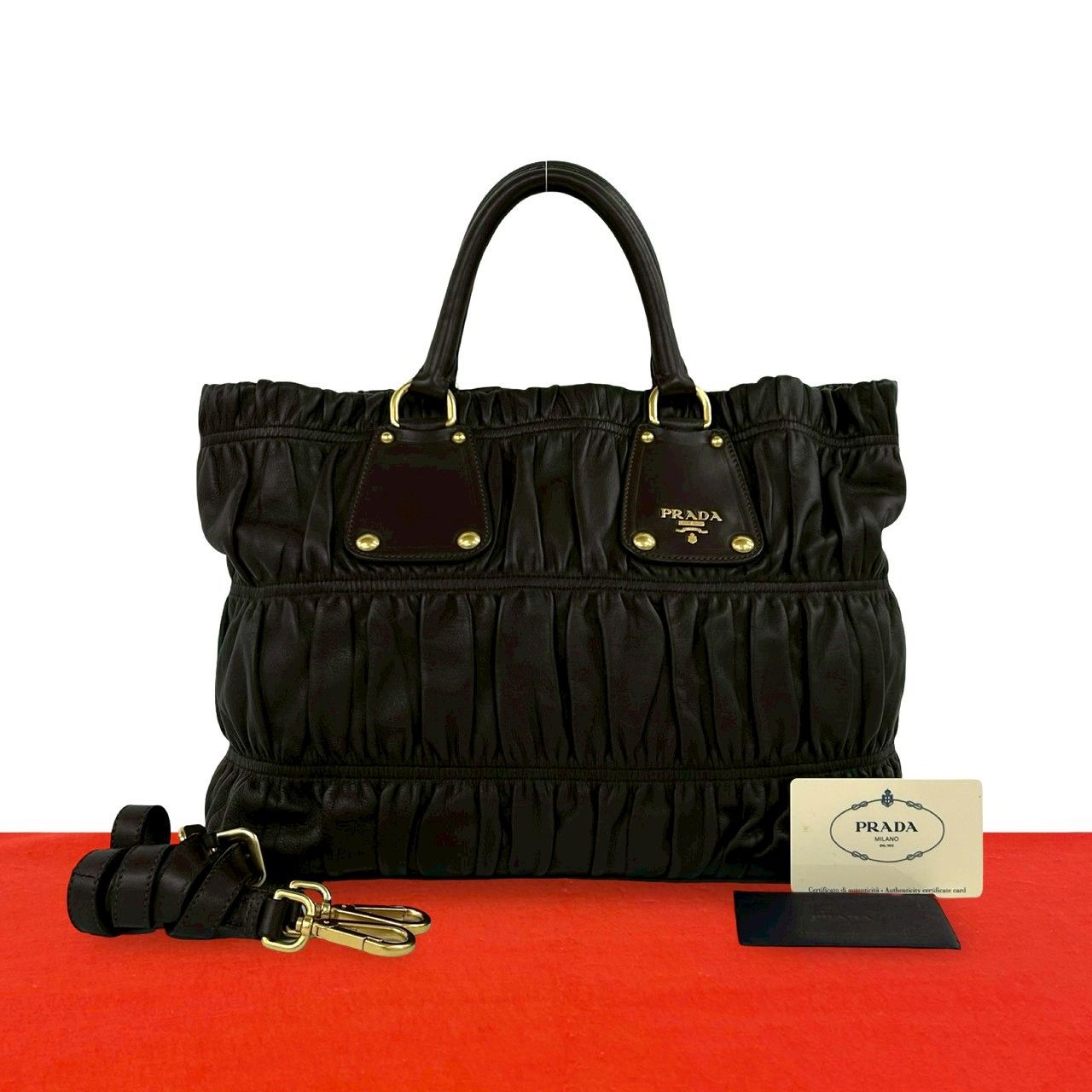 Prada Logo Gathered Leather 2-Way Mini Tote Shoulder Bag Brown