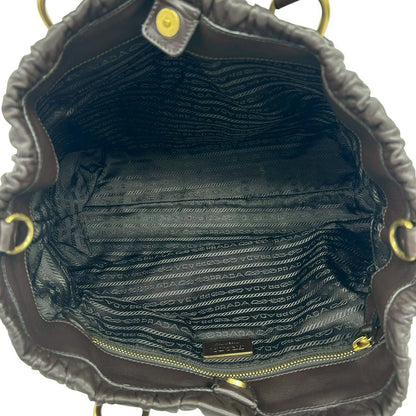 Prada Logo Gathered Leather 2-Way Mini Tote Shoulder Bag Brown — view 9