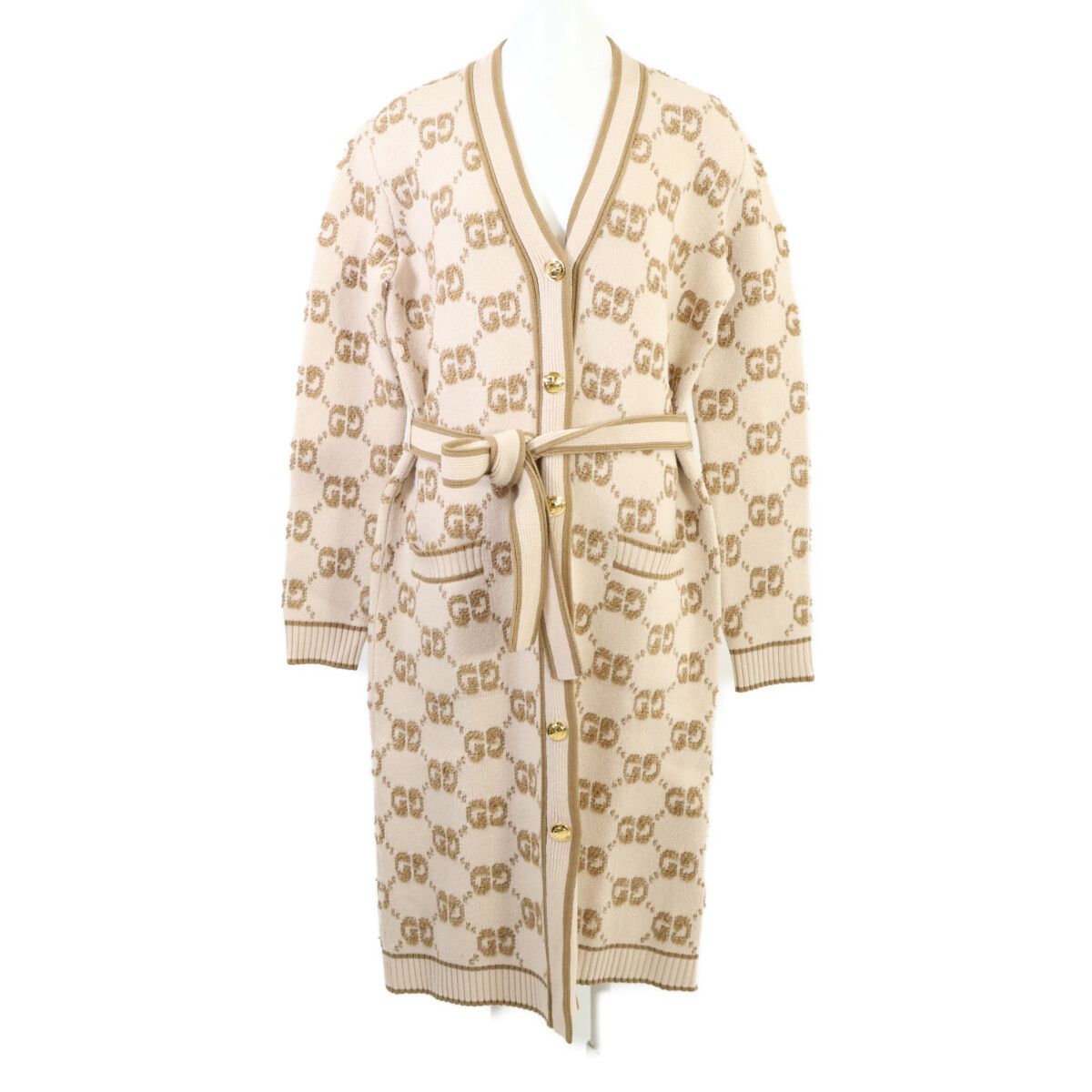 Gucci GG Wool Cles Jacquard Gold Button Long Cardigan
