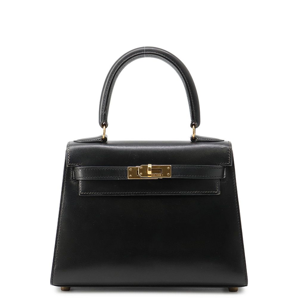 Hermes Handbag Mini Kelly Sellier Black Gold Box Calf 2-Way Bag