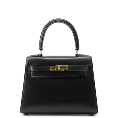 Hermes Handbag Mini Kelly Sellier Black Gold Box Calf 2-Way Bag