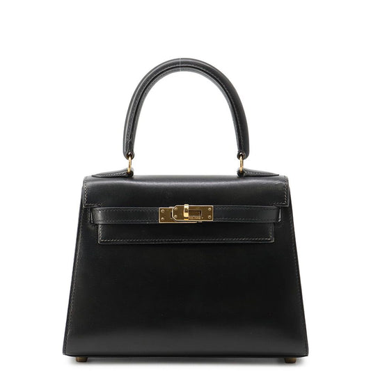 Hermes Handbag Mini Kelly Sellier Black Gold Box Calf 2-Way Bag