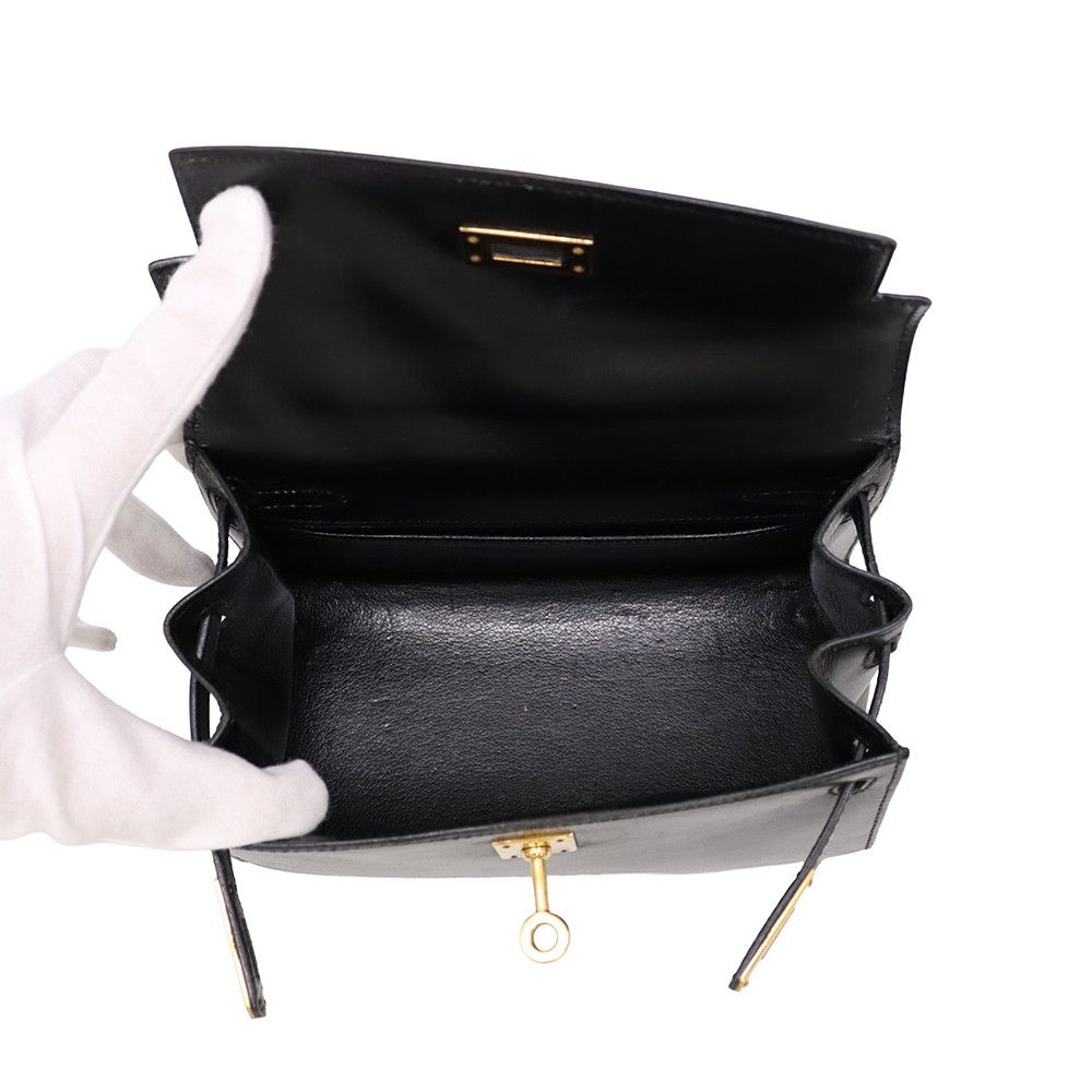Hermes Handbag Mini Kelly Sellier Black Gold Box Calf 2-Way Bag — view 6