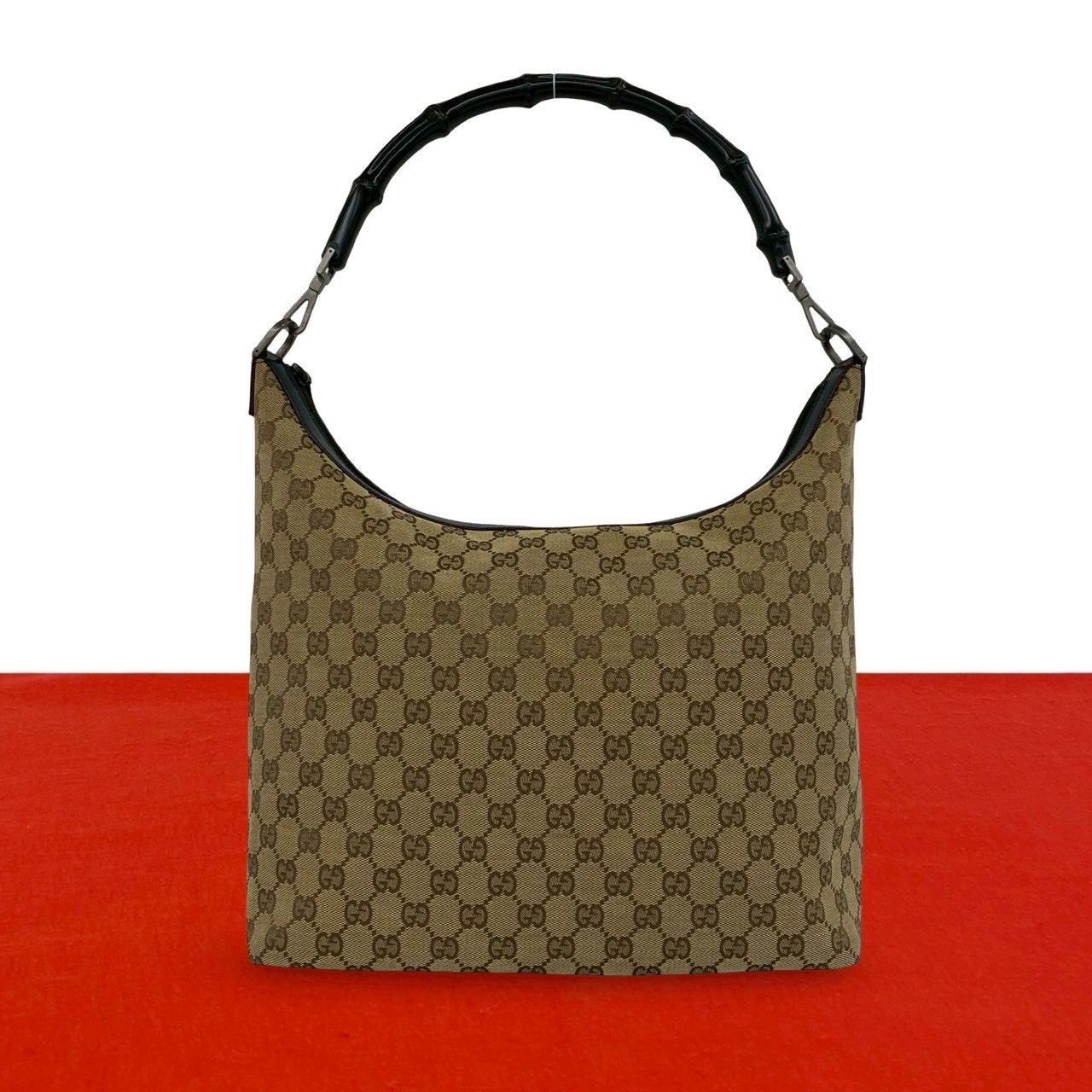 Gucci Bamboo GG Pattern Canvas Leather Shoulder Bag Tote Brown