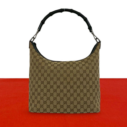 Gucci Bamboo GG Pattern Canvas Leather Shoulder Bag Tote Brown