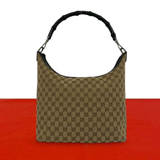 Gucci Bamboo GG Pattern Canvas Leather Shoulder Bag Tote Brown
