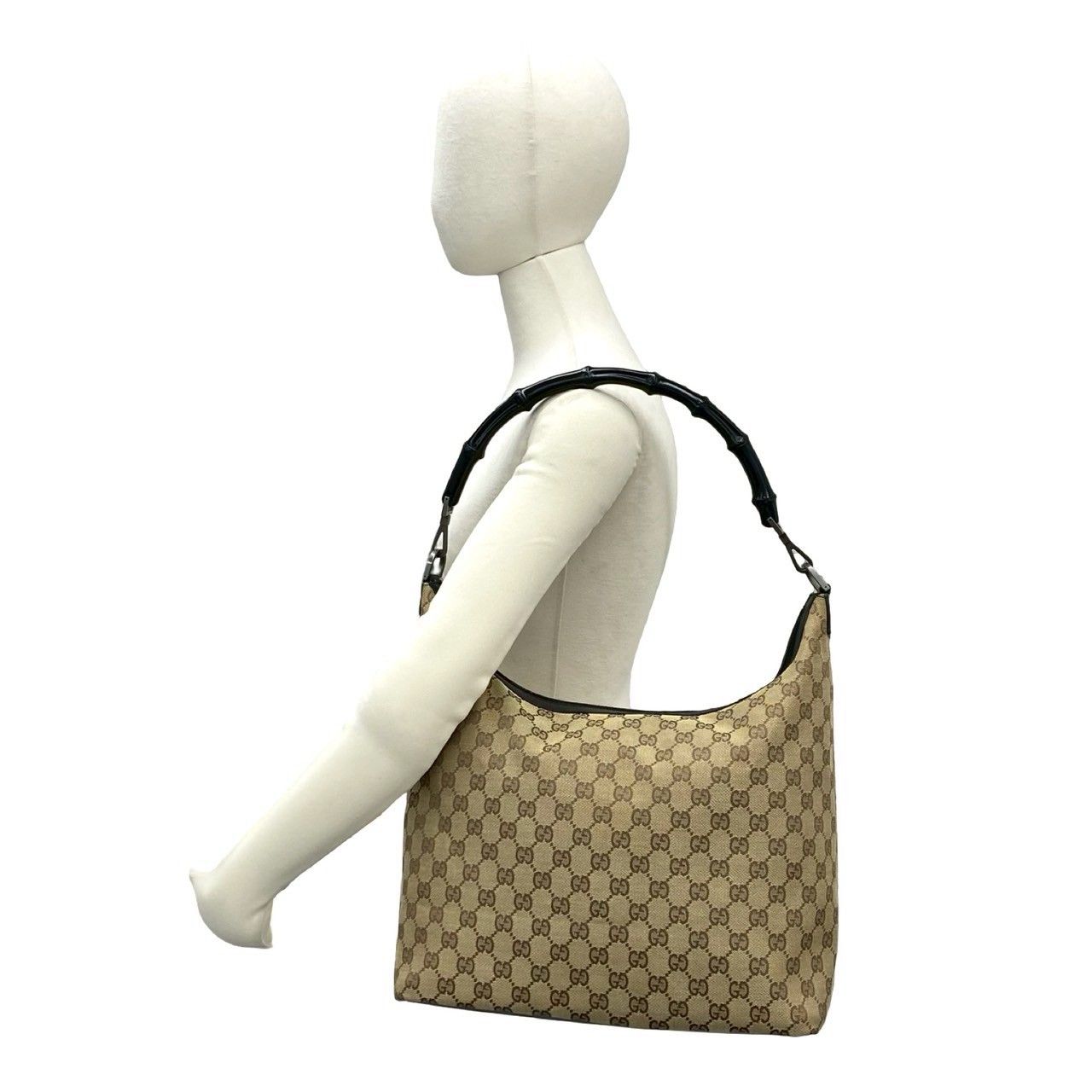 Gucci Bamboo GG Pattern Canvas Leather Shoulder Bag Tote Brown — view 2