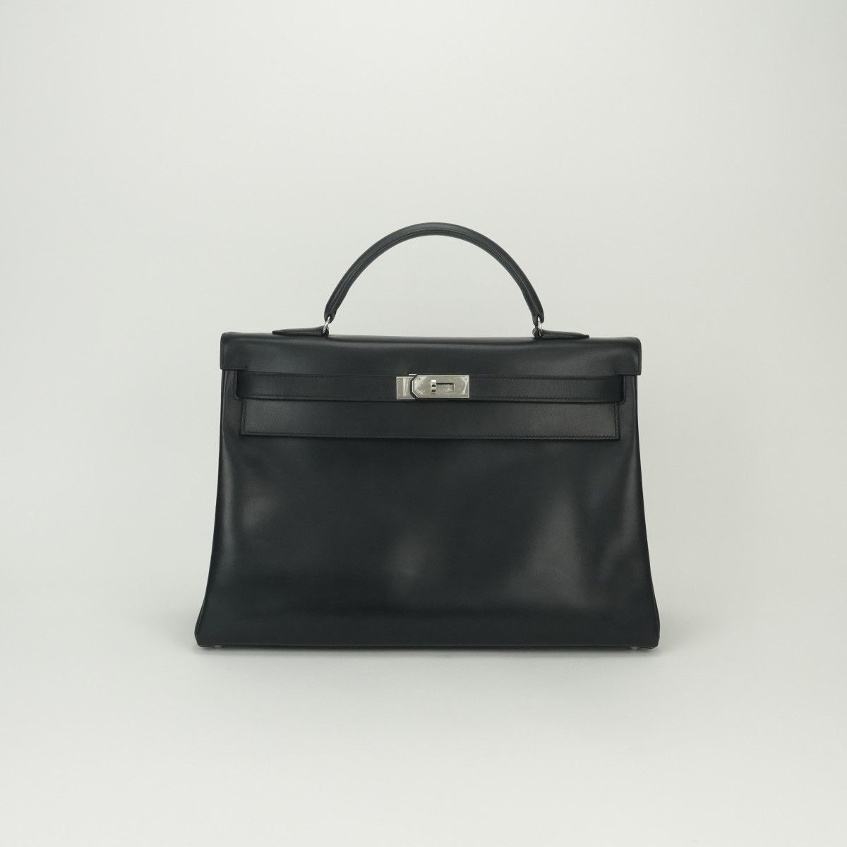 Hermes Kelly 40 Tote Box Calf Noir Black Silver