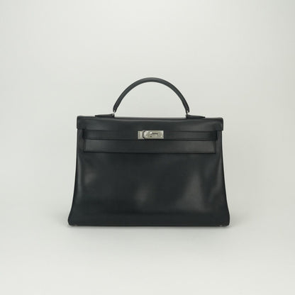 Hermes Kelly 40 Tote Box Calf Noir Black Silver