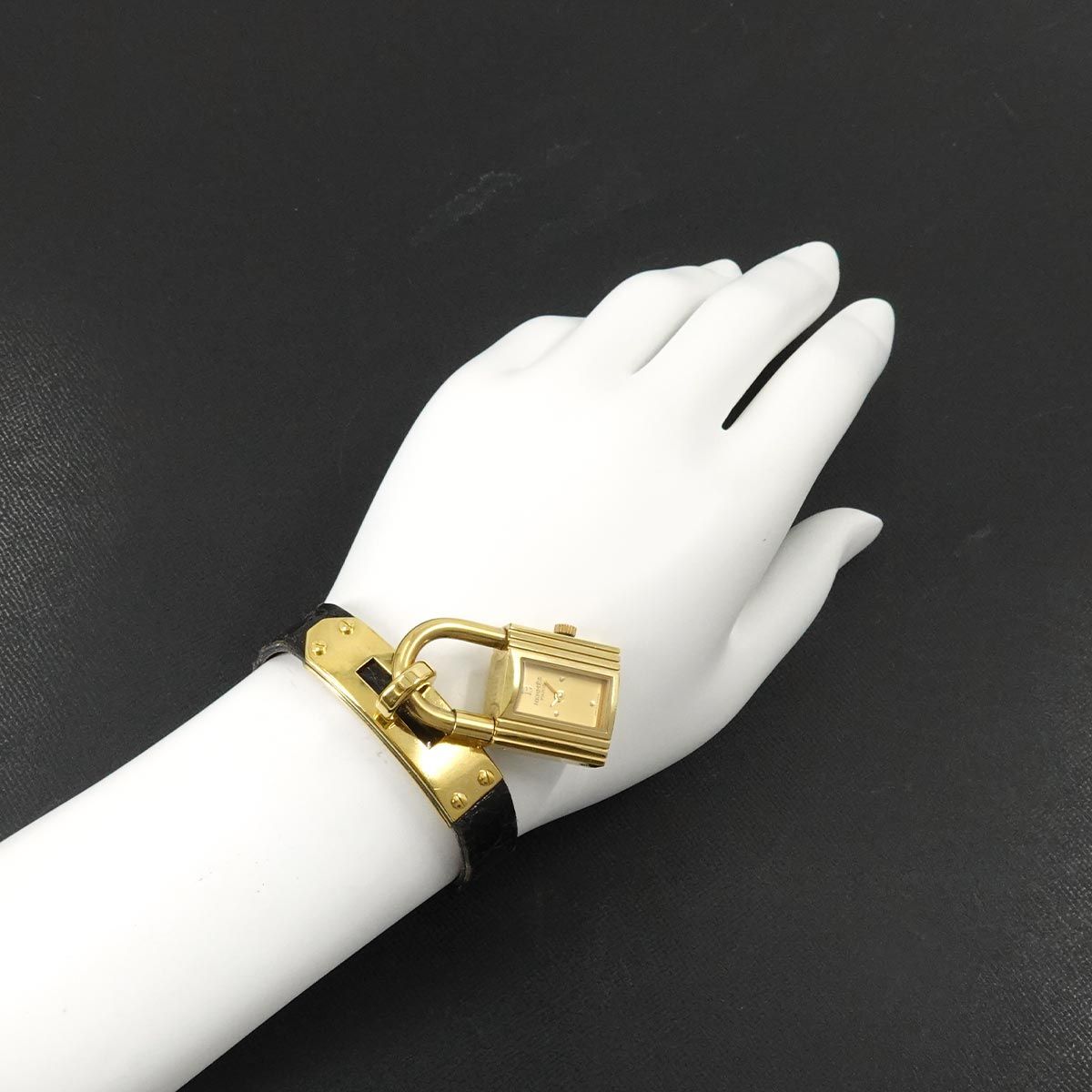 Hermes Kelly Watch Vintage Gold Black Quartz Cadena — view 4
