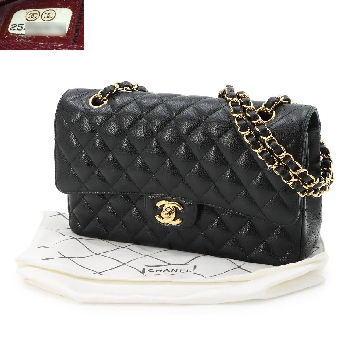 Chanel Quilted 25 Chain Shoulder Bag Caviar Leather Black Gold CC Logo — view 2