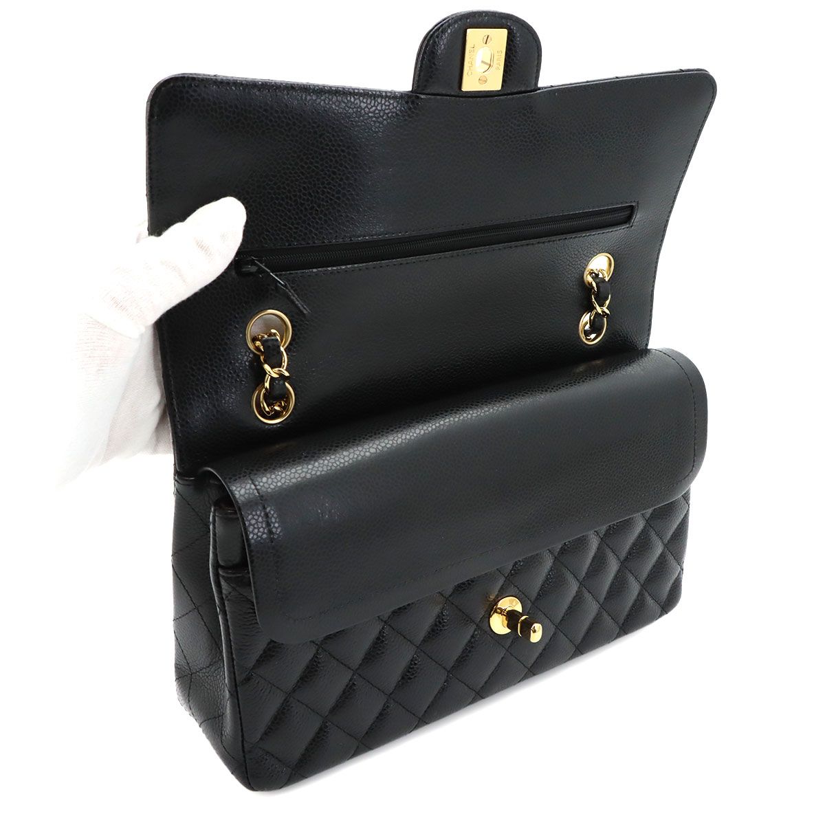 Chanel Quilted 25 Chain Shoulder Bag Caviar Leather Black Gold CC Logo — view 7