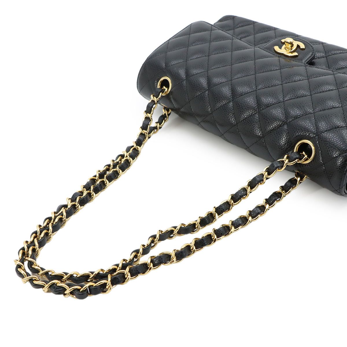 Chanel Quilted 25 Chain Shoulder Bag Caviar Leather Black Gold CC Logo — view 6