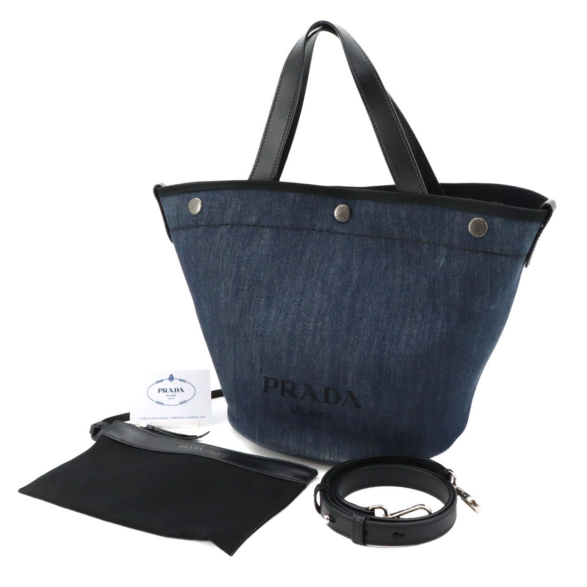 Prada 2-Way Tote Shoulder Bag Denim Leather Blue Black Small — view 2