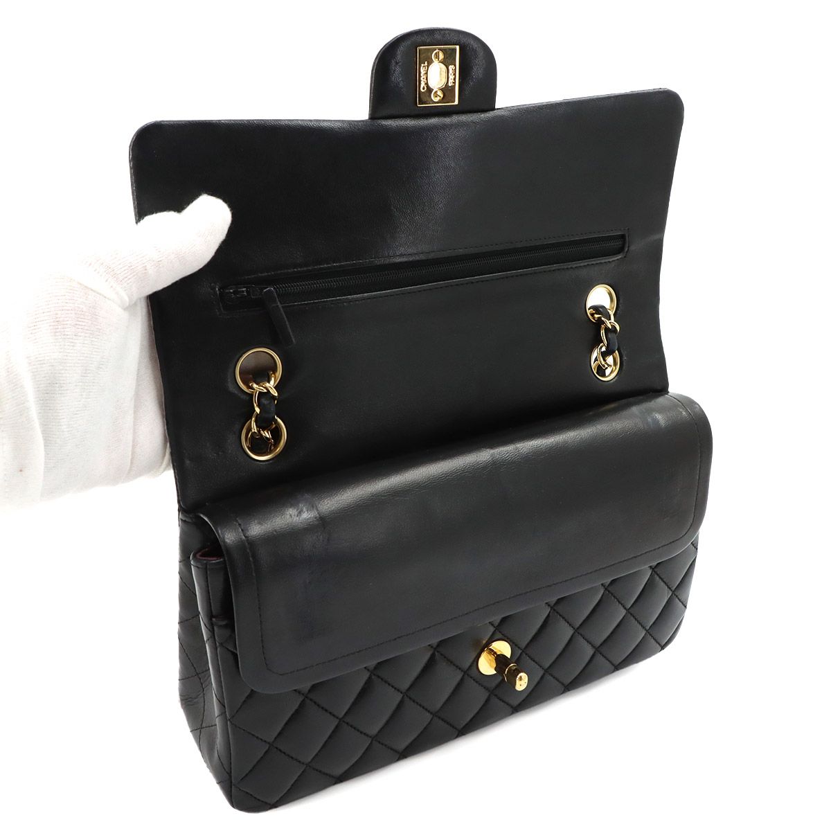Chanel Quilted 25 Chain Shoulder Bag Lambskin Black Gold CC Logo — view 7