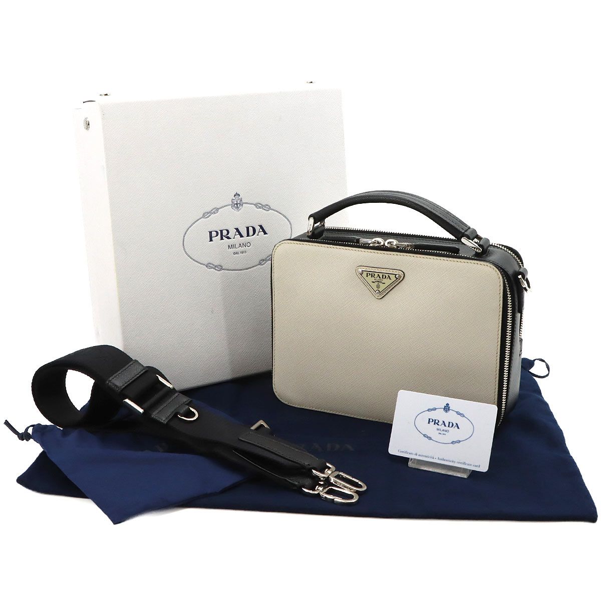 Prada Brick 2-Way Bag Saffiano Leather Tarco Nero White Black — view 2