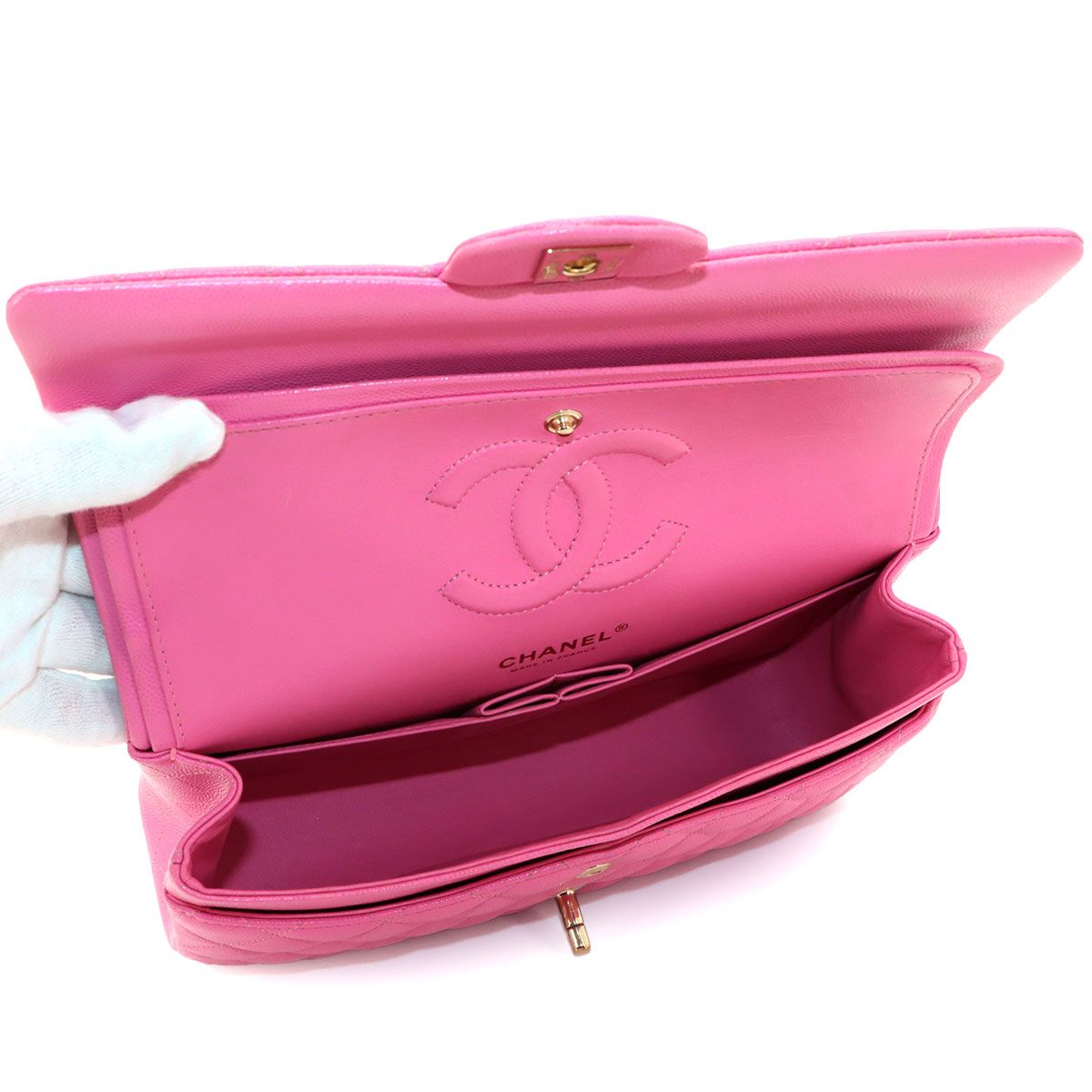 Chanel Quilted 25 Chain Shoulder Bag Caviar Leather Pink Gold CC Logo — view 8