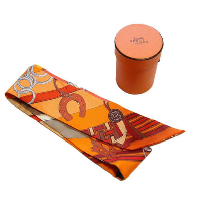 Hermes Twilly Bridle and Charm Silk 100% Orange Pawn Scarf — view 9