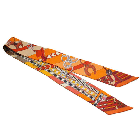 Hermes Twilly Bridle and Charm Silk 100% Orange Pawn Scarf