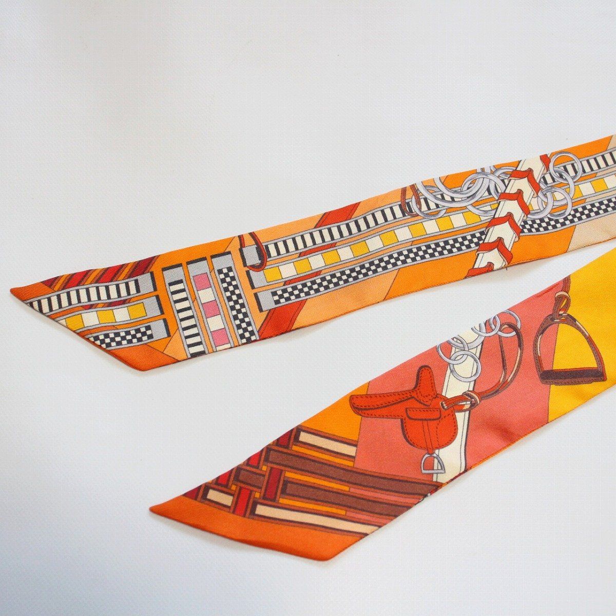 Hermes Twilly Bridle and Charm Silk 100% Orange Pawn Scarf — view 6